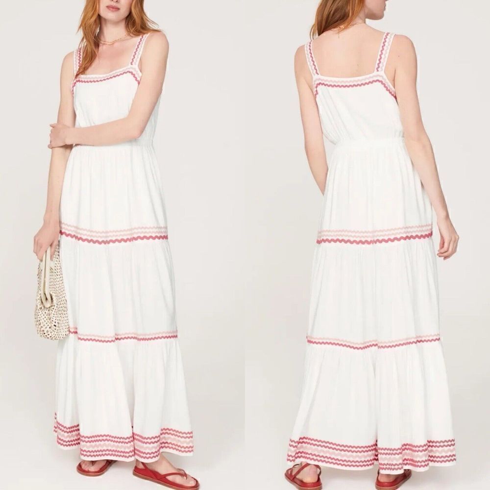 SPLENDID Maxi Dress Womens Small Riviera White Pink Sleeveless Tiered Pockets